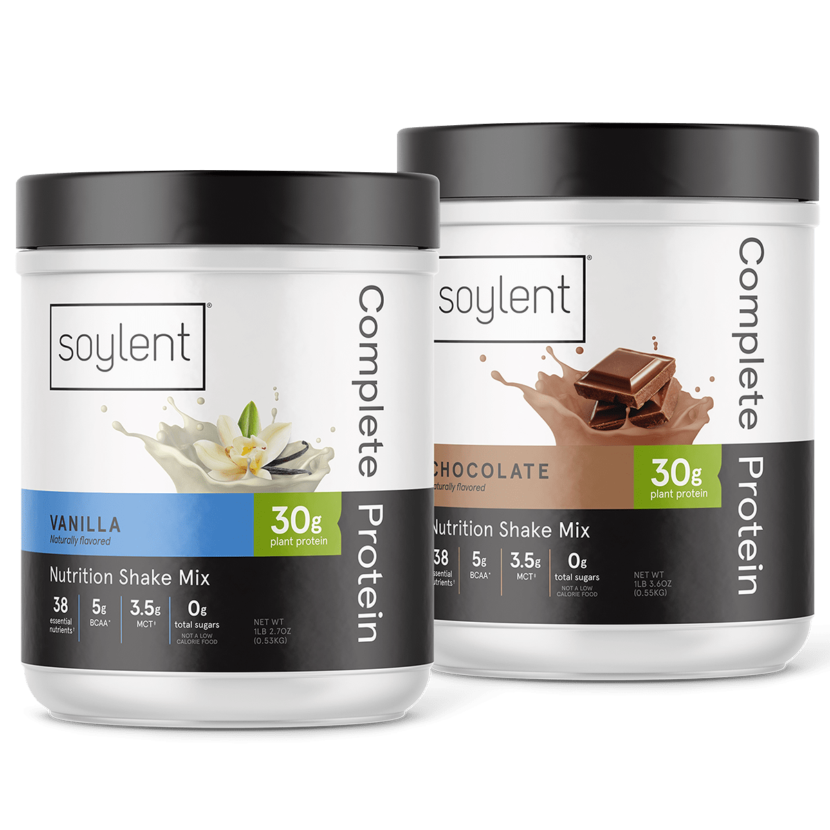 Soylent Complete Protein Powder tubs in chocolate and vanilla.